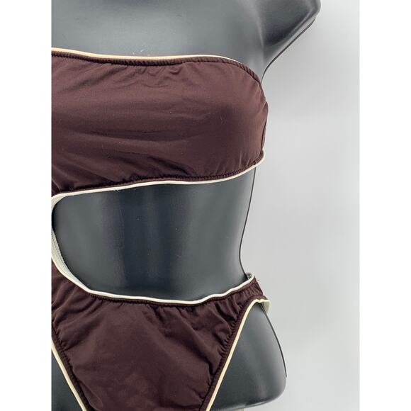 MASSIMO Women's Brown Cutout Asymmetrical One-Shoulder One-Piece Swimsuit SZ S - Picture 4 of 9